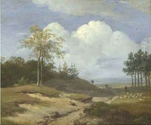 A summer landscape with a shepherd and his flock by Andreas Schelfhout