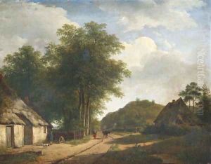 A woman on a sandy path in summer by Andreas Schelfhout