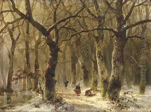 Woodgatherers on a forest path in winter - view 1