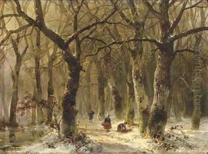 Woodgatherers on a forest path in winter by Andreas Schelfhout