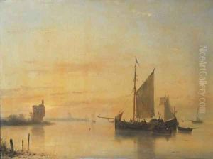 A calm sailing vessels at anchor on the Merwede river with Dordrecht beyond by Andreas Schelfhout