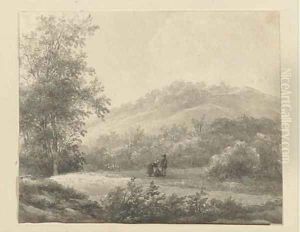 A hilly landscape with figures by Andreas Schelfhout