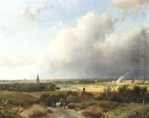 A panoramic Dutch river landscape by Andreas Schelfhout