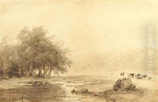 A river landscape with cattle on a path - view 1