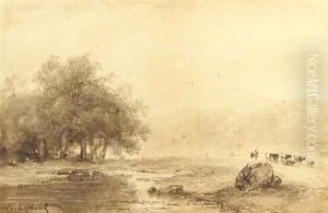 A river landscape with cattle on a path by Andreas Schelfhout