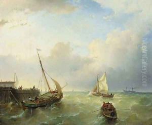 Shipping in stormy water by Andreas Schelfhout
