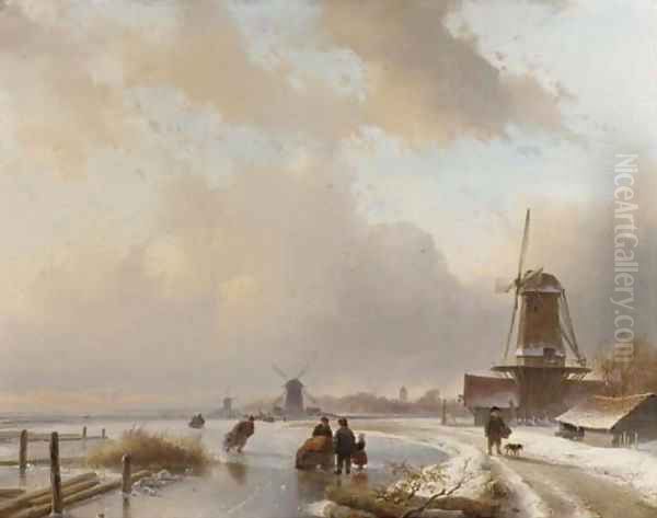 Skaters on the ice by windmills, a koek and zopie in the distance - view 1