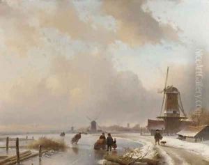 Skaters on the ice by windmills, a koek and zopie in the distance by Andreas Schelfhout