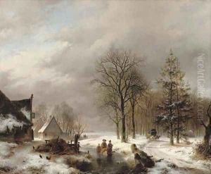 Villagers on the ice by farmhouses, a diligence approaching