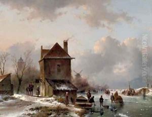 Wintergezicht met schaatsrijders a busy day on the ice by Andreas Schelfhout