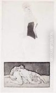 Diane Et La Femme Au Corset Noir by Felicien Rops