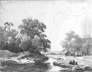 A wooded landscape with figures resting by a pond, a farm beyond by Andreas Schelfhout