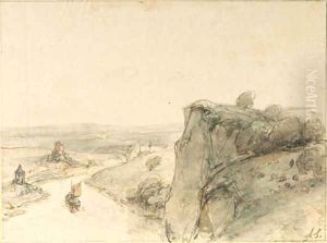 An extensive rocky landscape with sailing boats on a river by Andreas Schelfhout