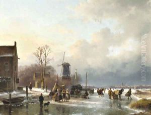 An extensive winter landscape with numerous villagers on the ice