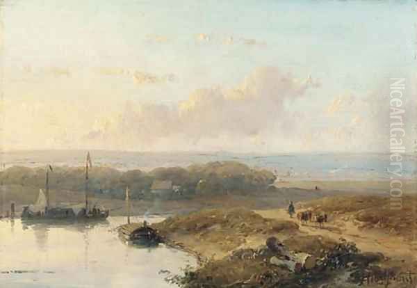 Shipping on a calm river in a panoramic summer landscape - view 1