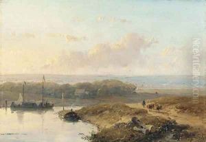 Shipping on a calm river in a panoramic summer landscape
