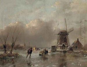 Skaters by a mill with a koek en zopie beyond by Andreas Schelfhout