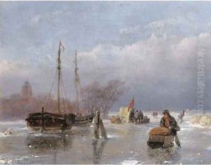 Skaters on the ice with a koek en zopie in the distance by Andreas Schelfhout