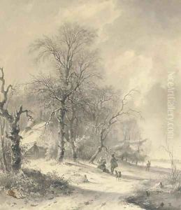 Winter sportsmen on the edge of a forest