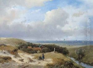 A panoramic summer landscape with travellers resting in the dunes by Andreas Schelfhout
