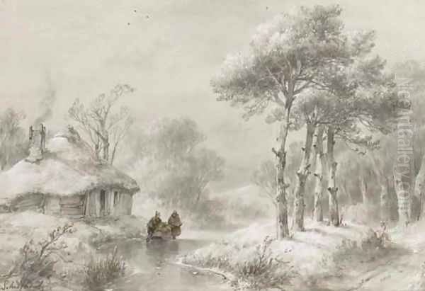 A wooded winter landscape with figures by a cottage - view 1