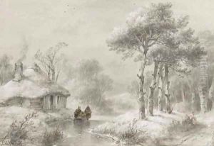 A wooded winter landscape with figures by a cottage by Andreas Schelfhout