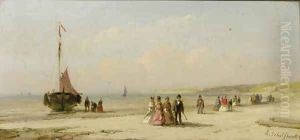 Elegant company on the beach of Scheveningen by Andreas Schelfhout