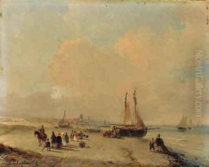 Elegant figures on the beach welcoming the fleet, with Scheveningen beyond by Andreas Schelfhout