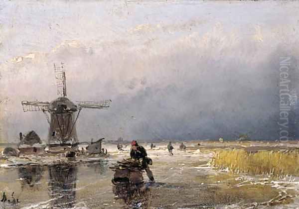 Skaters on a frozen waterway by a windmill - view 1