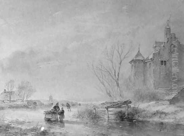 Skaters on a frozen waterway near a fortified mansion - view 1