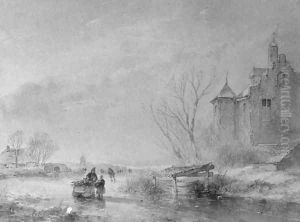 Skaters on a frozen waterway near a fortified mansion
