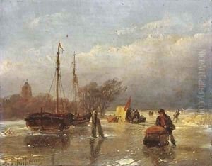 Skaters on a frozen waterway, a koek en zopie beyond