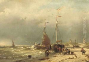 Unloading the catch on the beach of Scheveningen by Andreas Schelfhout