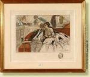 Avecla Fille De Joie Au Cafe, 
Gravure En Couleurs Sur Papier. Signeedans La Planche En Bas A Droite 
Felicien Rops. Ecole Belge. (*).dim.: 39x48 Cm by Felicien Rops