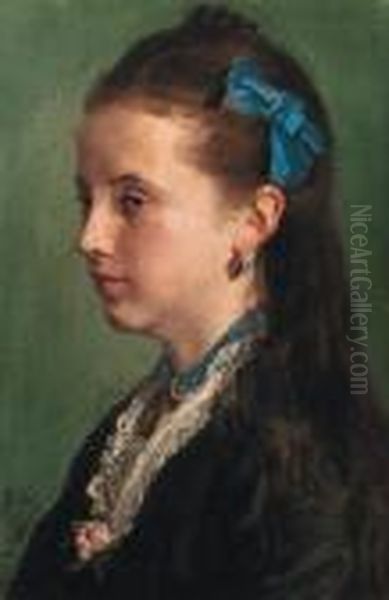 Jeune Femme - Portrait Of A Lady With A Blue Ribbon In Herhair - view 1