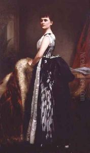 Portrait of a young woman wearing a striped dress and standing in an interior by James Sant