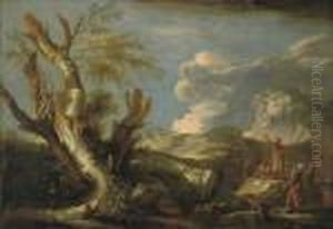 A Mountainous River Landscape With Classical Figures And Soldiers Discoursing by Salvator Rosa