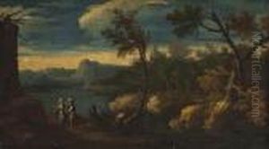 An Wooded River Landscape With Washerwomen Walking On The Bank by Salvator Rosa