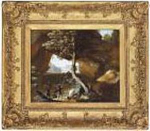 A Rocky Wooded Landscape With Soldiers By A Waterfall by Salvator Rosa