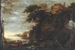 A Landscape With An Arched Rock Andtravellers by Salvator Rosa