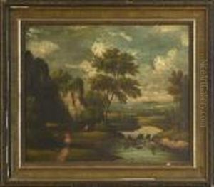 "figures In A Landscape With A River And Ruins Of A Gothic Church" by Salvator Rosa
