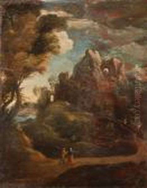 Travellers In Arocky Landscape - view 1