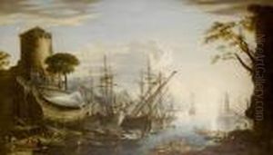 A Mediterranean Sea Port At Sunset by Salvator Rosa