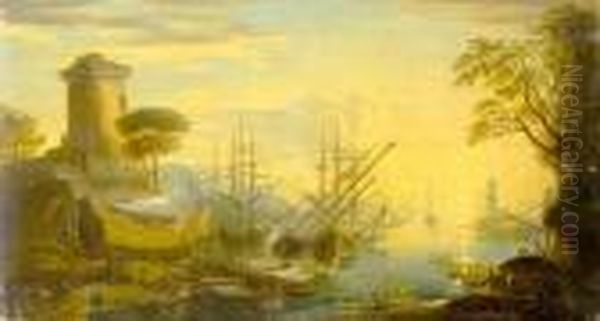 Figures In An Arsenal Before An Open Landscape At Sunset - view 1