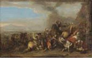A Cavalry Skirmish In An Extensive Valley Landscape by Salvator Rosa