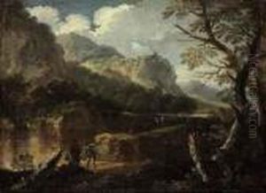 A Rocky River Landscape With Figures And Dogs by Salvator Rosa