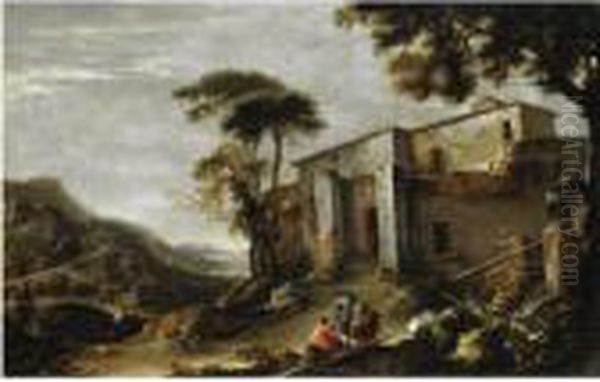 Paesaggio Con Casolare, Cascata D'acqua, Insenatura E Figure - view 1