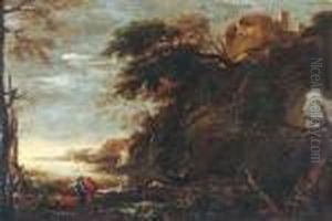 Landschaftmit Felsbogen Und Wanderern by Salvator Rosa