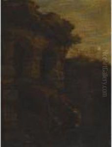 Landscape With Two Shepherds Conversing Beneath A Ruin by Salvator Rosa