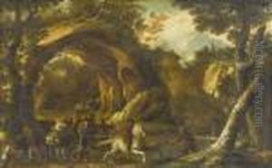 Wooded Landscapewith An Assault On Riders. by Salvator Rosa